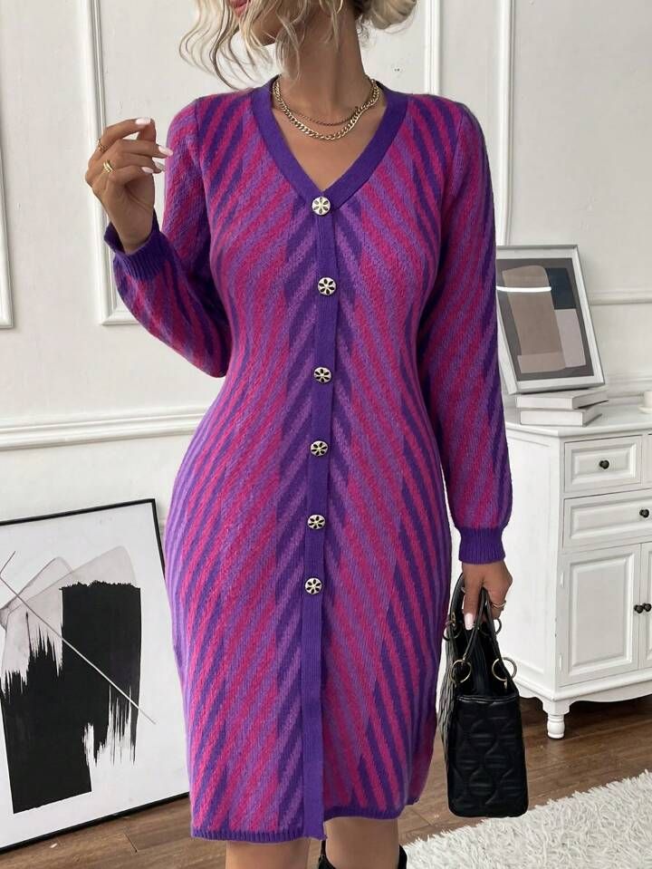 SHEIN Frenchy Striped Pattern Button Front Sweater Dress | SHEIN
