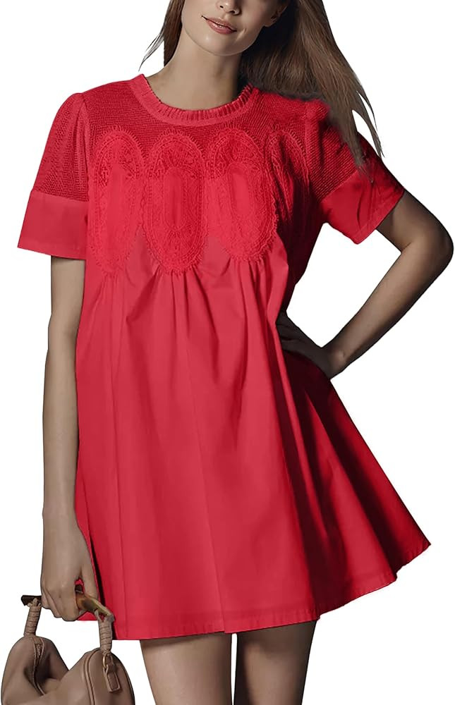 Shiyifa Womens Babydoll Lace Patchwork Dresses Summer Short Sleeve Ruffle Sundress Loose Crew Nec... | Amazon (US)