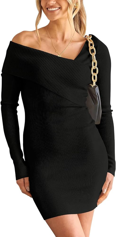 LOGENE Women's Cross Wrap Off The Shoulder Long Sleeve Knitted Backless Bodycon Mini Dress Pullov... | Amazon (US)