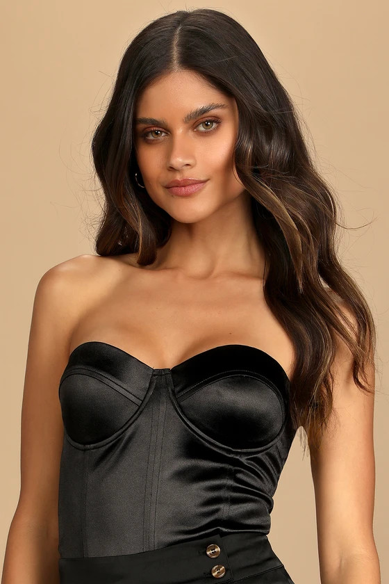 Endless Allure Black Satin Strapless Bustier Bodysuit | Lulus (US)