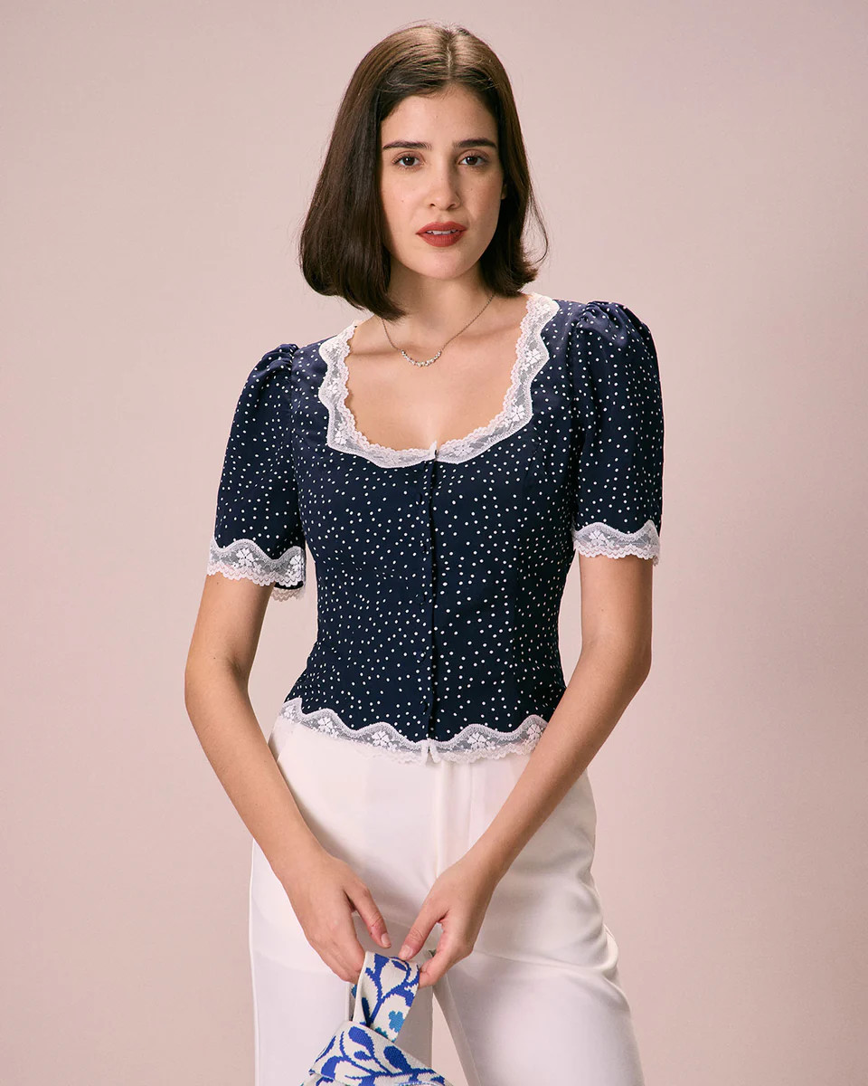 The Navy Polka Dot Lace Puff Sleeve Blouse & Reviews - Navy - Tops | RIHOAS | rihoas.com