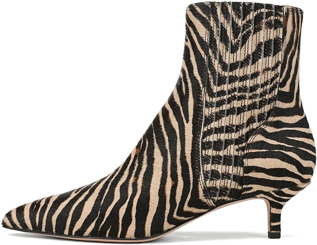 olomisa Women's Pointed Toe Kitten Heel Ankle Booties, Tiger Stripe Calf‑Hair Chelsea Boots with Elastic Side Gore | Amazon (US)