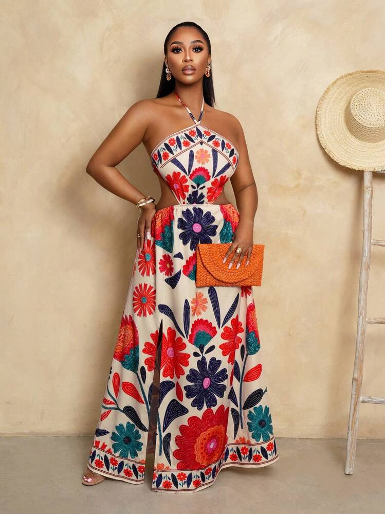 BamGleam High Slit Vintage Island Print Maxi Dress With Waist Cutout, Neck Tie, And Open Back | SHEIN