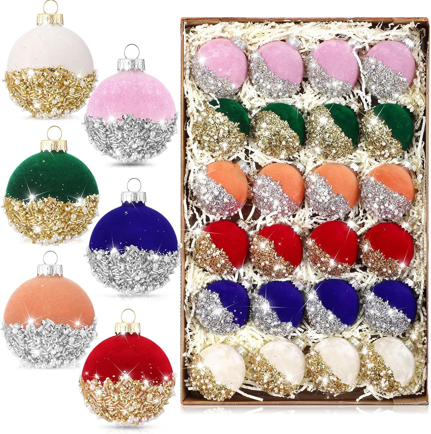 HyDren 24 Pcs 2.5 Inch Velvet Glitter Christmas Balls Sequin Christmas Balls Shatterproof Christm... | Amazon (US)