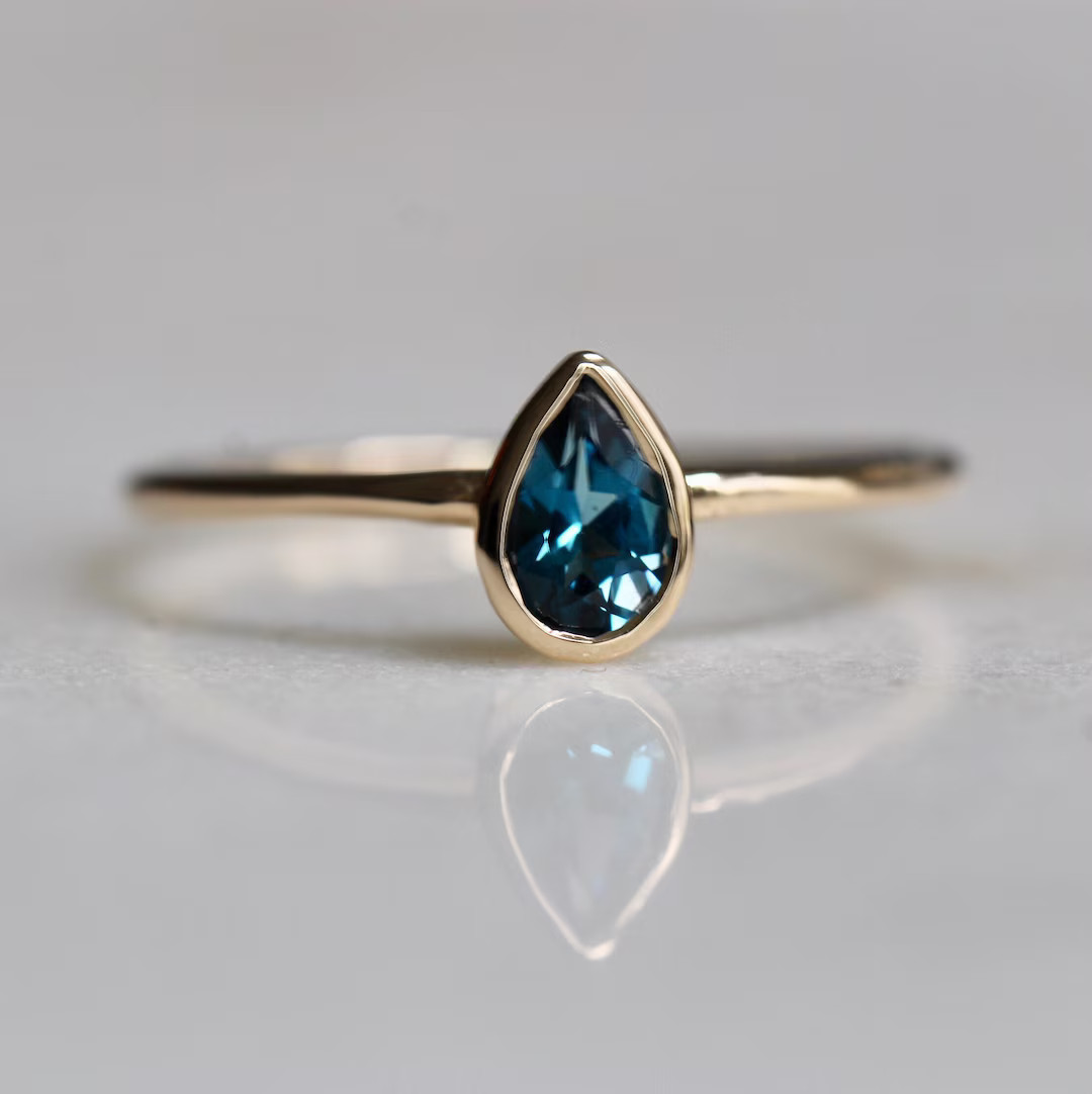 14K Gold London Blue Topaz Ring, Pear Shape London Blue Topaz Ring, November Birthstone, Tear Sha... | Etsy (US)