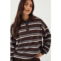 DSGN Studio Women's Stripe Collared Rugby Top in Dark Chocolate | Size: XS | Knitted | boohoo (US & Canada)