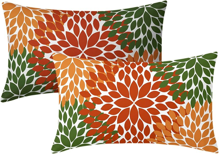 Amazon.com: Kawani Orange Sage Green Pillow Covers 12x20 in Dahlia Flowers Fall Decor Thanksgivin... | Amazon (US)