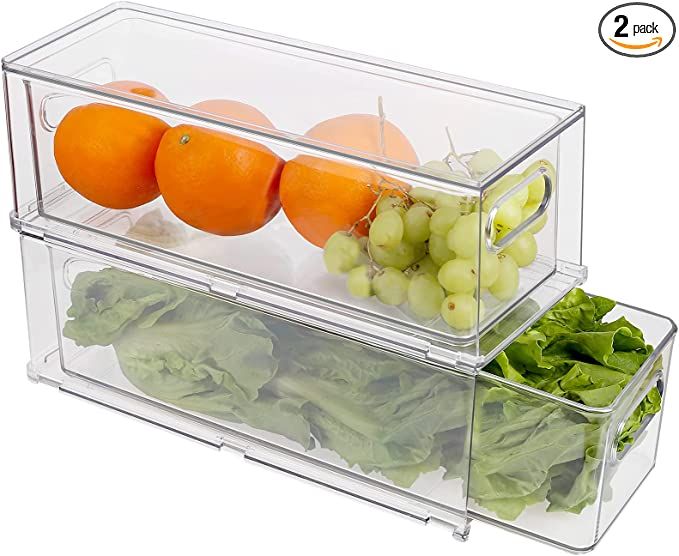 Abiudeng 2 Pack Stackable Refrigerator Organizer Bins with Pull-out Drawer, Drawable Clear Fridge... | Amazon (US)