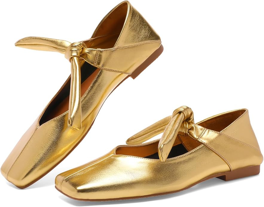 Silver Bow Ballet Flats Shoes for Women Bow Tie Slip On Mary Jane Flats Square Toe Casual Dress B... | Amazon (US)