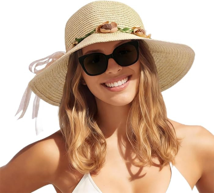 Womens Sun Straw Hat Wide Brim Floppy Foldable Hats Beach Travel Summer Vacation Hat UPF 50+ | Amazon (US)