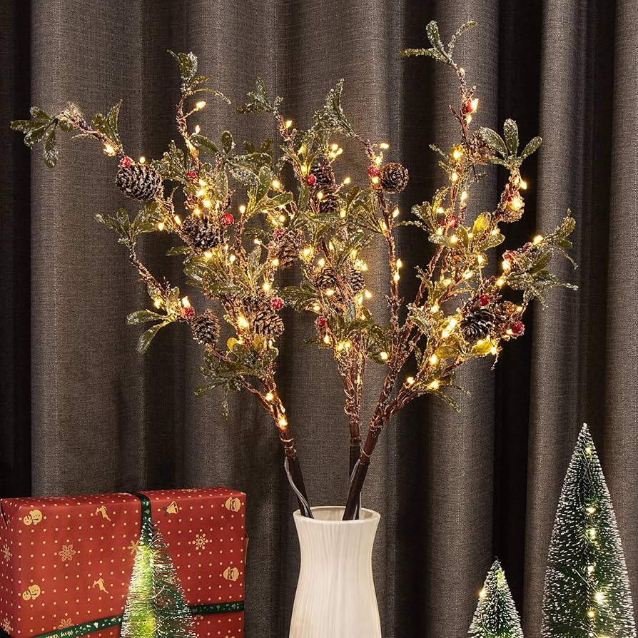 3 PCS Lighted Christmas Evergreen Sprig Branches Tree, Handmade Leaf Design with Snowflake Berrie... | Amazon (US)