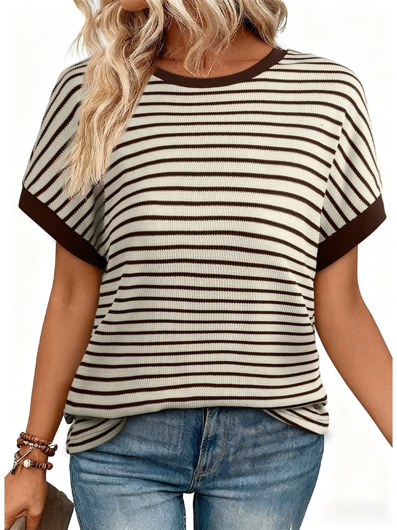 DOKOTOO Women's Short Sleeve T Shirts Summer Ribbed Knit Crewneck Striped Loose Basic Tee Casual ... | Walmart (US)