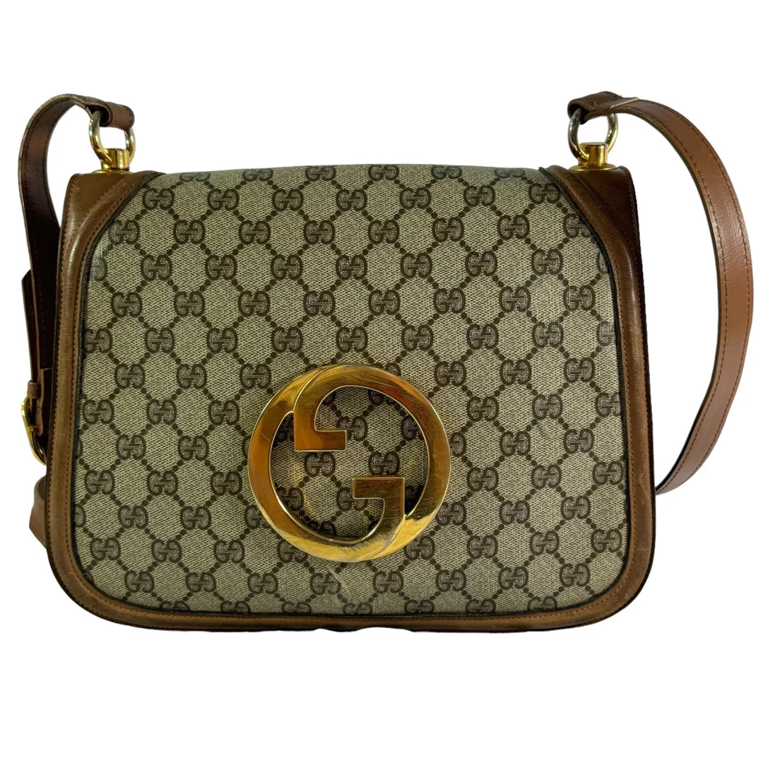 70's GUCCI 1973 Brown Leather/beige Canvas Interlocking GG Monogram Blondie Bag - Etsy | Etsy (US)