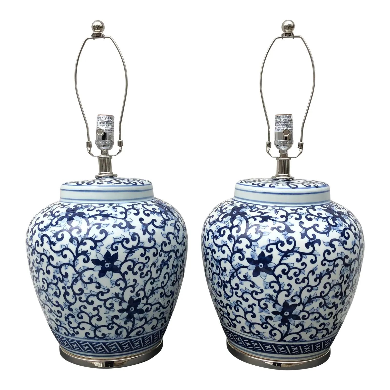 Ralph Lauren Large Cobalt Blue and White Tamarind Pattern Lamp Bases With Silver Fittings - a Pai... | Chairish