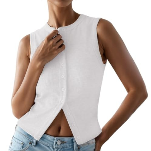 Button Down Knit Vest for Women Sleeveless Open Front Tank Top Summer Slim Fit Dressy Top White | Amazon (US)