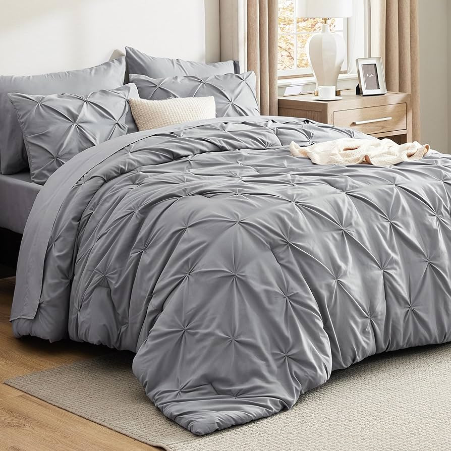Bedsure Queen Comforter Set Grey - Bed in a Bag Queen Size 7 Pieces, GentleSoft™ Pintuck Bed Se... | Amazon (US)