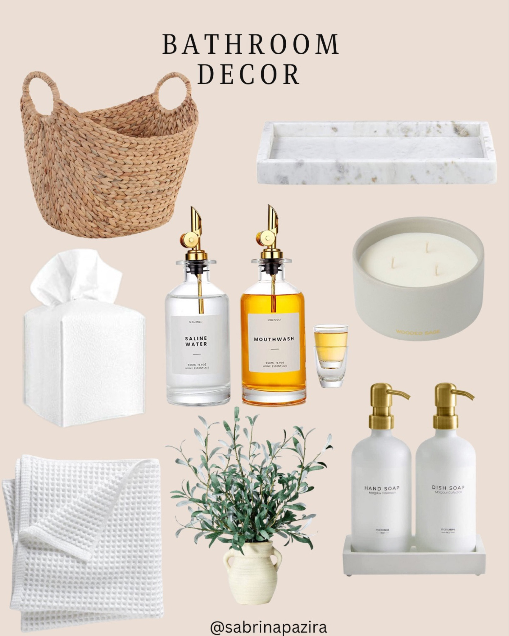 Bathroom decor, towel basket, marble tray, candle, mouthwash bottle, tissue box cover, towel, faux plant, soap dispensers 

#LTKSeasonal #LTKunder100 #LTKhome