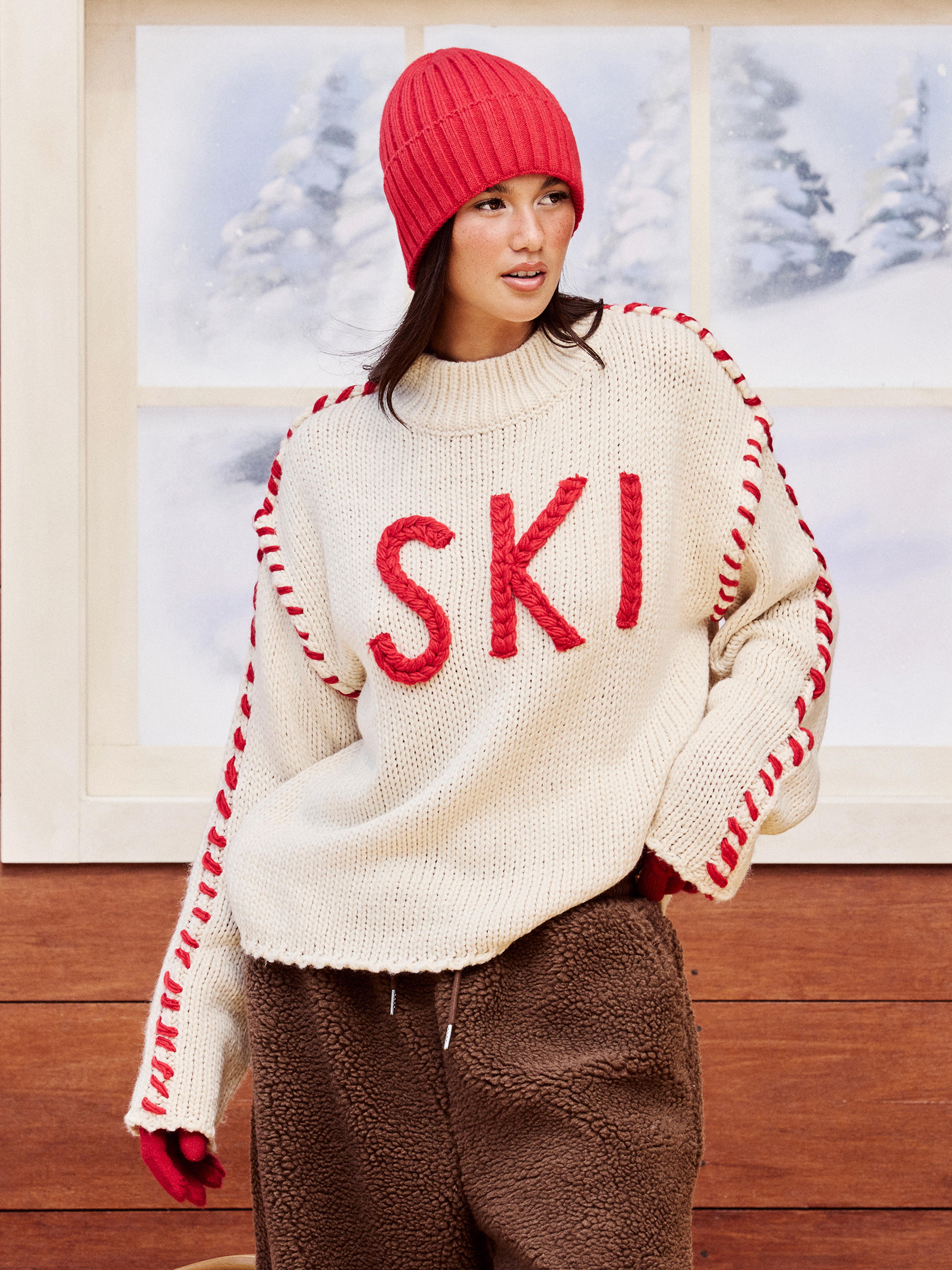 Knit Fabric SKI Knit Round Neckline Long Sleeve Contrasting Binding Oversized Top For Daily Casua... | Cider
