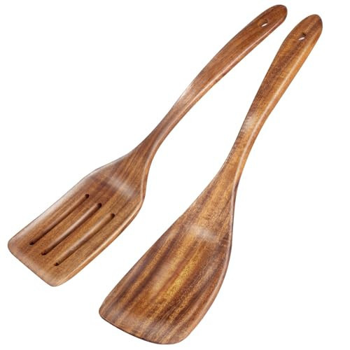 2 Pack Wooden Spatula, Acacia Wood Long Handle Flat Frying Turner, Handmade wooden spoons for cooking, Kitchen Utensil set, Non-Stick Cooking Spurtle Utensils for kitchen use | Amazon (US)