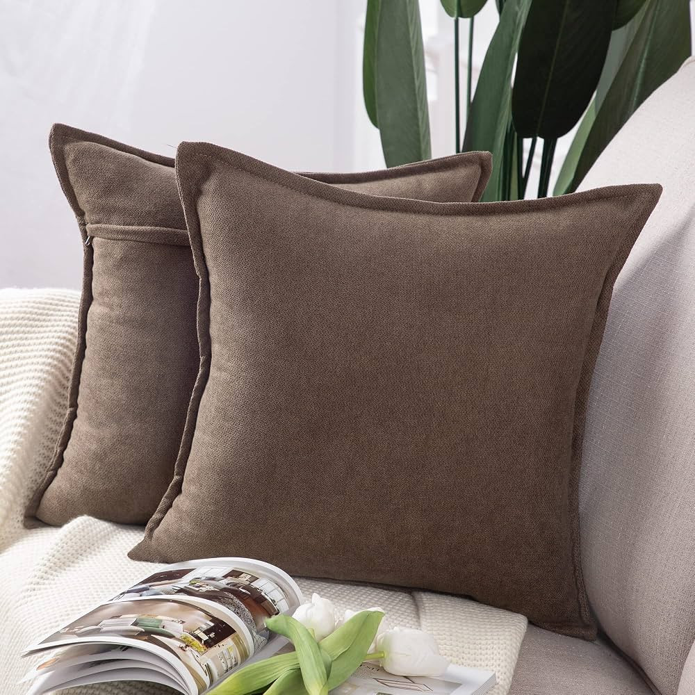 MADIZZ Set of 2 Short Chenille Throw Pillow Covers 22x22 Inch Coffee Soft Decorative Cushion Cove... | Amazon (US)