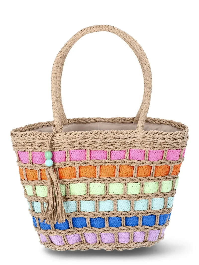 No Boundaries Festival Straw Top Handle Bag, Natural/Rainbow, Women's - Walmart.com | Walmart (US)