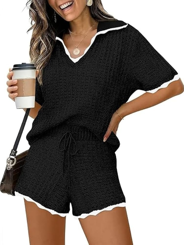 Tankaneo Womens Sweater Set 2 Piece Outfits Lapel V Neck Short Sleeve Knit Tops Summer Shorts Lou... | Amazon (US)