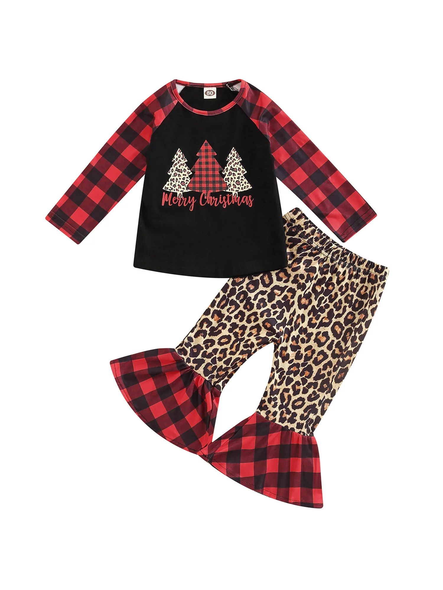 Kids Baby Girls Christmas Outfits Xmas Tree Print Long Sleeve Shirt Tops with Leopard Print Plaid... | Walmart (US)