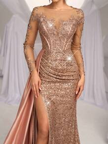 Elegant, Gorgeous And Luxurious Off-Shoulder Gradient Pink And Silver Sequin Stitched Satin High-Slit Fishtail Dress With Removable Large Floating Panel A-Hem Suitable For Weddings, Events, Parties, Holidays And Formal Events, Holiday Prom Dinner Dresses (Heavily Decorated), Evening Gown, For Wedding Guest, Graduation Party Dress | SHEIN