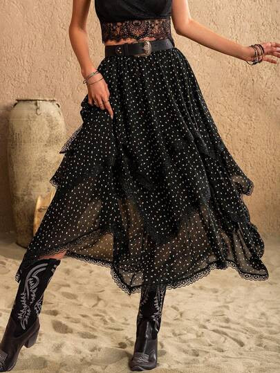 Plus Size Women's Vintage French Polka Dot Chiffon Skirt Black Vacation Summer | SHEIN