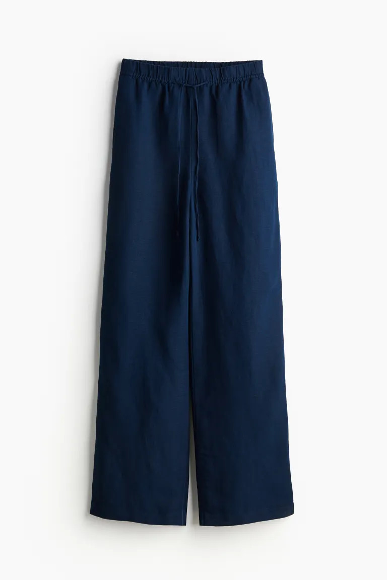 Linen-blend Pull-on Pants - High waist - Long - Navy blue - Ladies | H&M US | H&M (US + CA)