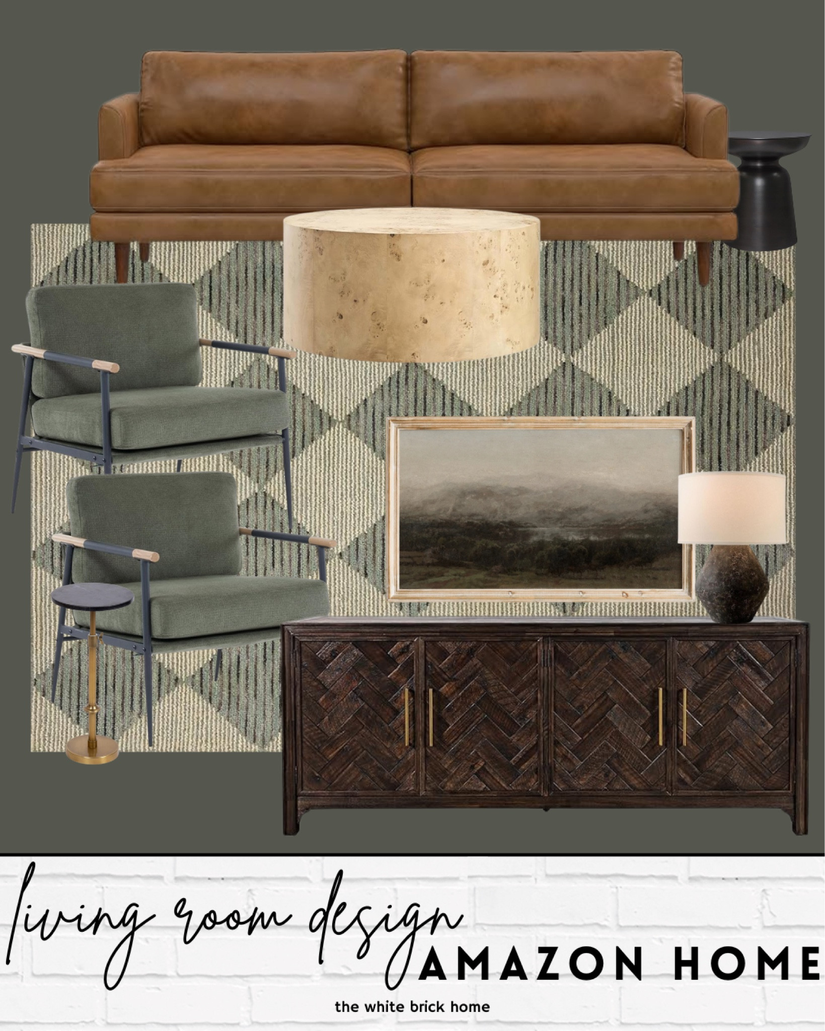 Cozy living room design - I love mixing deep greens with leather. All of these items are easily found on Amazon, too! 

Amazon, Amazon home, living room, living room design, living room home decor, coffee table, round coffee table, leather sofa, leather couch, accent chair, living room chair, media console, frame tv, frame tv wall art, lamp, table lamp, accent table, side table, rug, Loloi green rug, living room design, living room furniture, budget friendly living room, media console, drink table, Amazon home, Amazon living room furniture, Amazon chair, Amazon couch, Amazon coffee table, affordable furniture, green living room, green accents, home design, home decor, home refresh, home accessories. 

#LTKHome #LTKStyleTip #LTKFindsUnder100