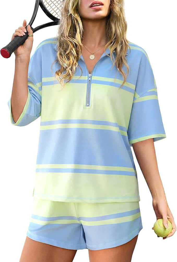 Amazon.com: Totatuit Women Striped Lounge Set 2 Piece Workout Set Tracksuit Oversized Matching Se... | Amazon (US)