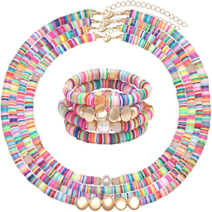 Heishi Surfer Necklaces Bracelets –Colorful Vinyl Disc Beads Love Necklace Boho Rainbow Stack S... | Amazon (US)