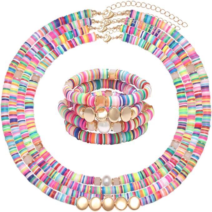 Heishi Surfer Necklaces Bracelets –Colorful Vinyl Disc Beads Love Necklace Boho Rainbow Stack S... | Amazon (US)