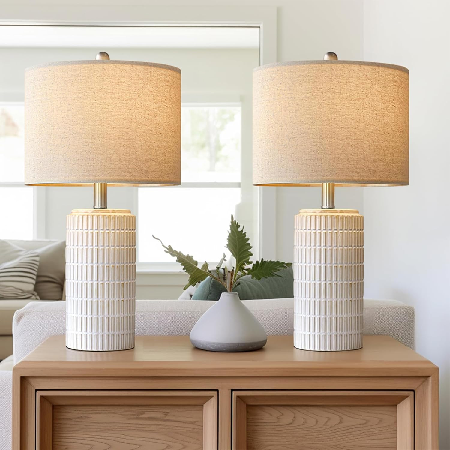 PoKat 23" Modern Ceramic Table Lamp Set of 2 for Living Room Bedroom, White | Amazon (US)