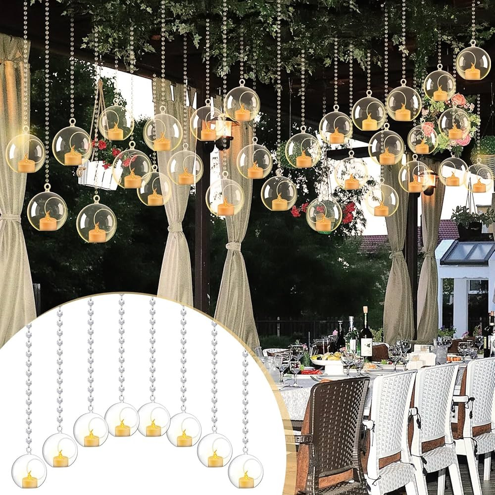 75 Pcs Wedding Hanging Acrylic Globe Tealight Candle Holder with Crystal Garland LED Candles and ... | Amazon (US)