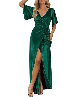 MEROKEETY Women's V Neck Wrap Velvet Maxi Wedding Guest Dress Bell Sleeve Split Bridesmaid Cockta... | Amazon (US)