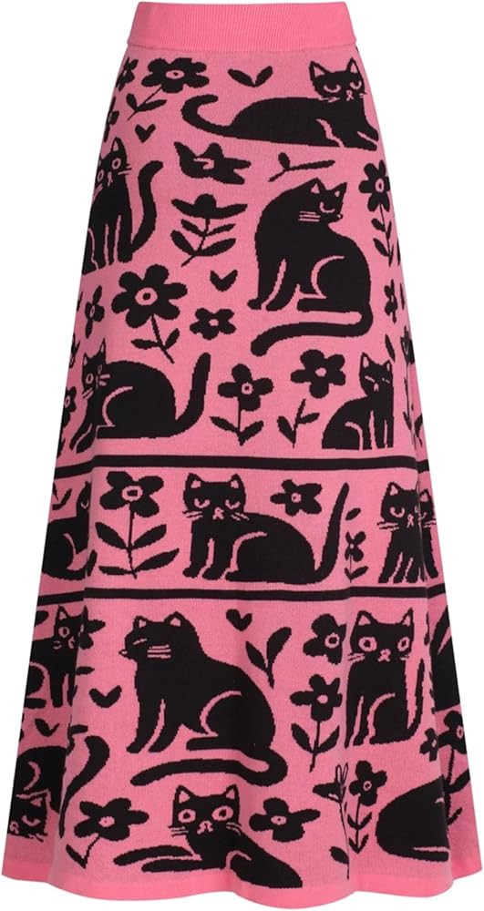 OXKnit Knittd Midi Skirts for Women, Mod Style Casual Retro Black Cat Pattern High Waist A Line C... | Amazon (US)