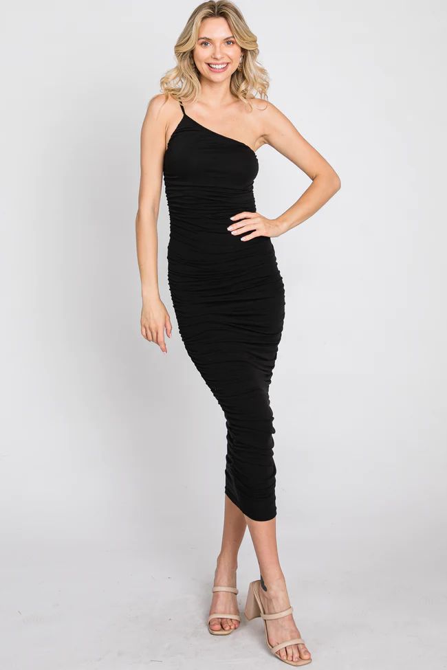 Black One Shoulder Ruched Midi Dress | PinkBlush Maternity
