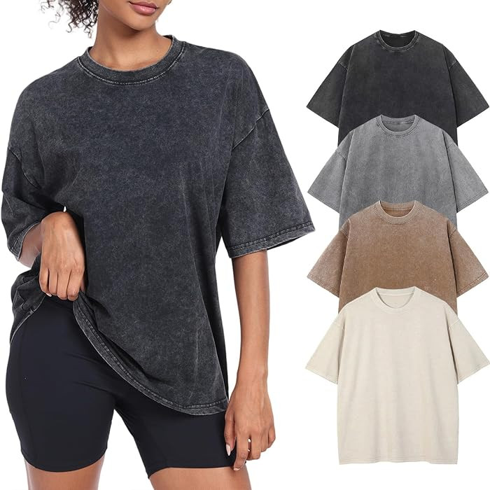 Womens Vintage Oversized T Shirts Acid Washed Baggy Cotton Tee Workout Gym Shirts Boyfriend Short Sleeve Tops | Amazon (US)