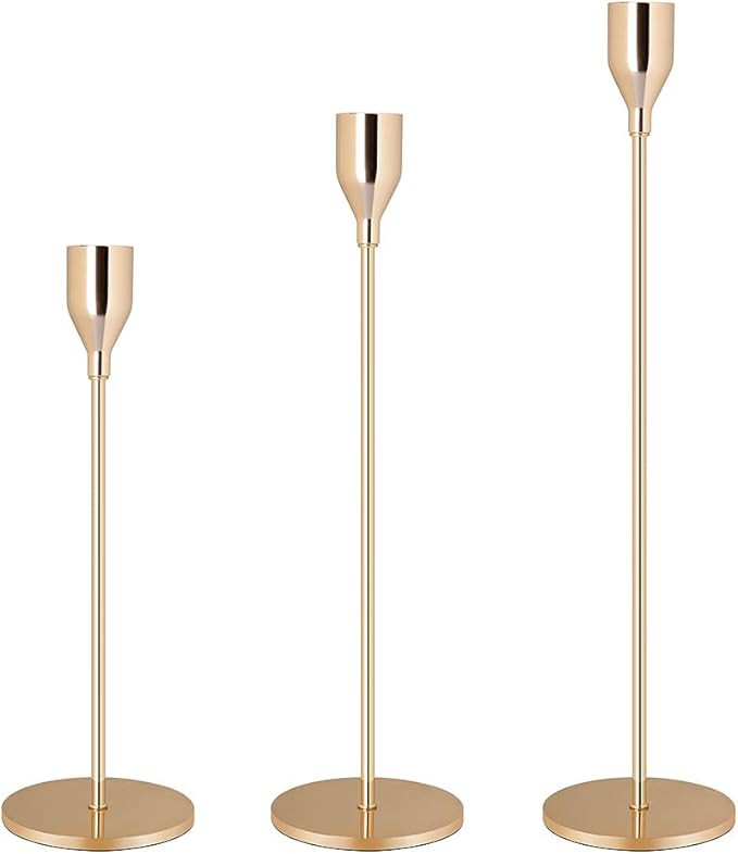 ecoolda Gold Brass Taper Candle Holders Set of 3,Wedding & Dinning Table Decorative Candlestick H... | Amazon (US)