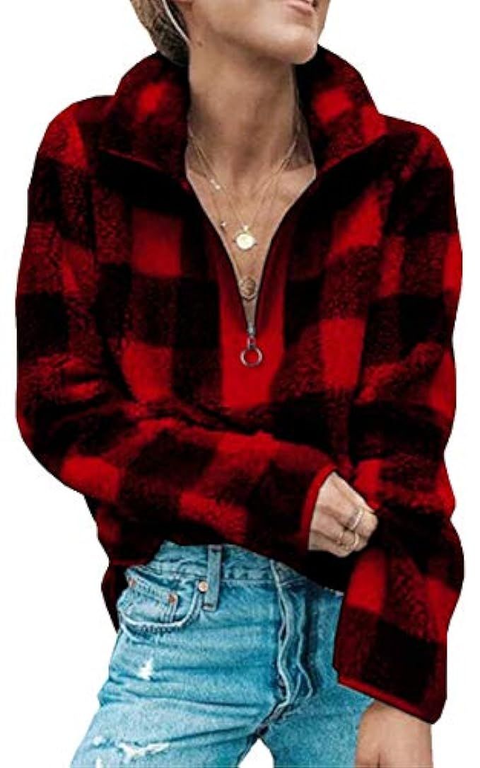 Angashion Women's Long Sleeve 1/4 Zip Up Lapel Fleece Sweatshirt Warm Plaid Fluffy Hoodies Pullover | Amazon (US)