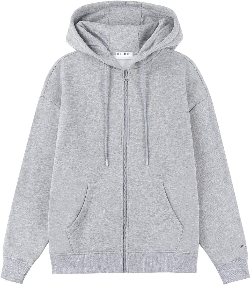 BETTERCHIC Women's Hooded Sweatshirt Casual Soft Brushed Fleece Hoody Drop Shoulder Full Zip Up H... | Amazon (US)