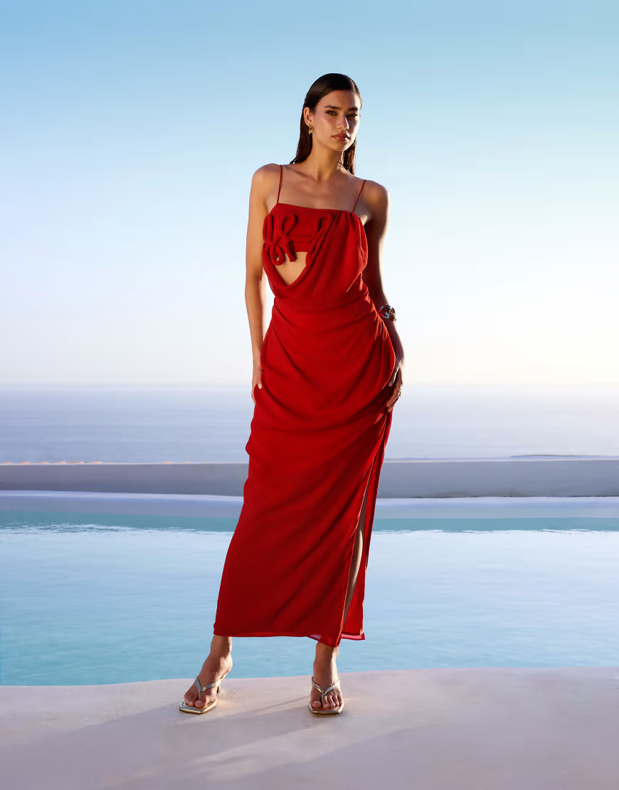 ASOS DESIGN draped cami maxi dress with 3d floral details in burnt red | ASOS (Global)