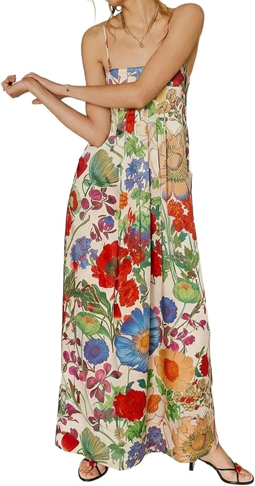 ABYOVRT Women Boho Floral Maxi Dress Backless Spaghetti Strap A-Line Flowy Summer Vacation Long Dress | Amazon (US)