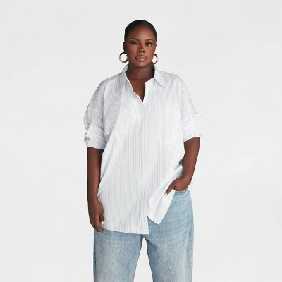 KBB by KAHLANA Women's Short Sleeve Button-Down 'The Tucked Sleeve Shirt' - Cream Striped XXL | Target