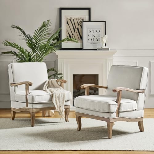 HULALA HOME Mid-Century Modern Accent Chair Set of 2, Upholstered Living Room Lounge Chair, Comfy Armchair with Solid Wood Legs & Removable Cushion, Bedroom Lounge Room Sofa Chair (Ivory) | Amazon (US)