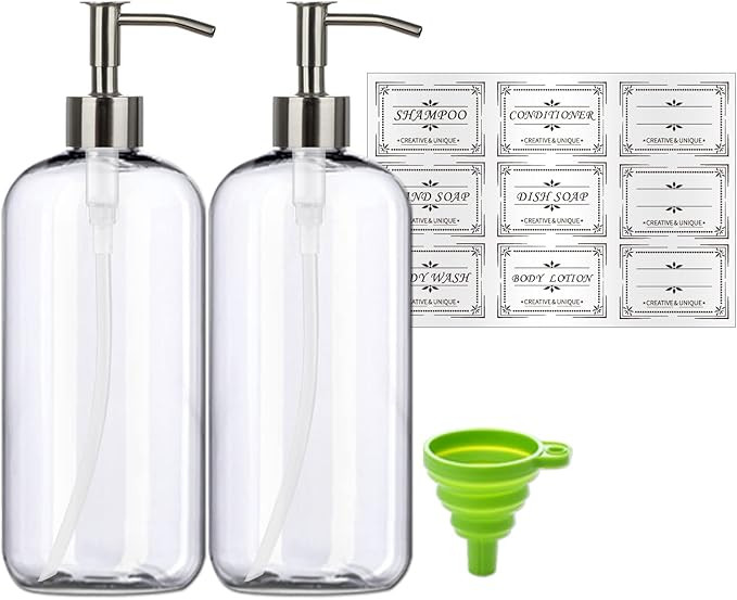 Refillable 32oz Dispenser Bottle 2pack with Steel Pumps, 1 Liter Crystal Clear Multi-Use Empty Co... | Amazon (US)
