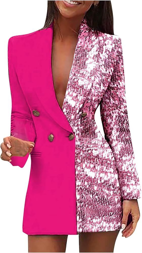 Blazer Dress for Women Sexy Elegant V Neck Mini Dress Ladies Turn Down Collar Double Breasted OL Wor | Amazon (US)