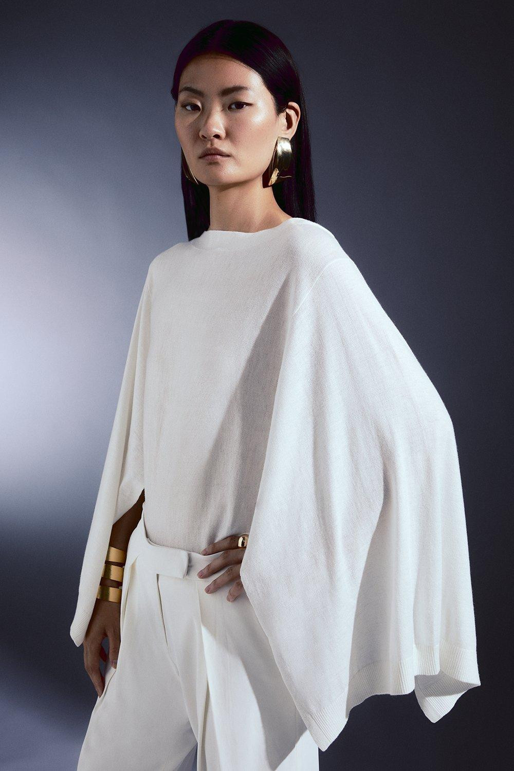 Cashmere Blend Drama Sleeve Slash Neck Knit Top | Karen Millen US